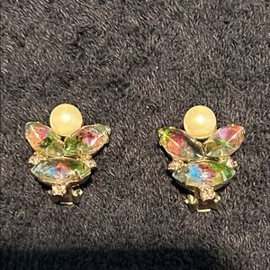 Earrings. Clip On. Gold tone backing and clips. Pearl and unique colored stones